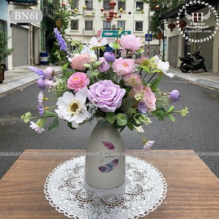 Bình Hoa Lụa Decor Trang Trí Để Bàn, Kệ TiVi, Hoa Lụa Kết Hợp Bình Gốm Sứ Bát Tràng Sang Trọng