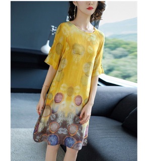 Hàng nhập - đầm suông vàng hoạ tiết cao cấp ks