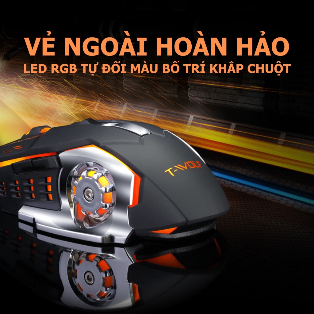 Chuột không dây gaming pin sạc T-Wolf Q13, click không ồn, led RGB đổi màu siêu đẹp, đỉnh cao dành cho gamer