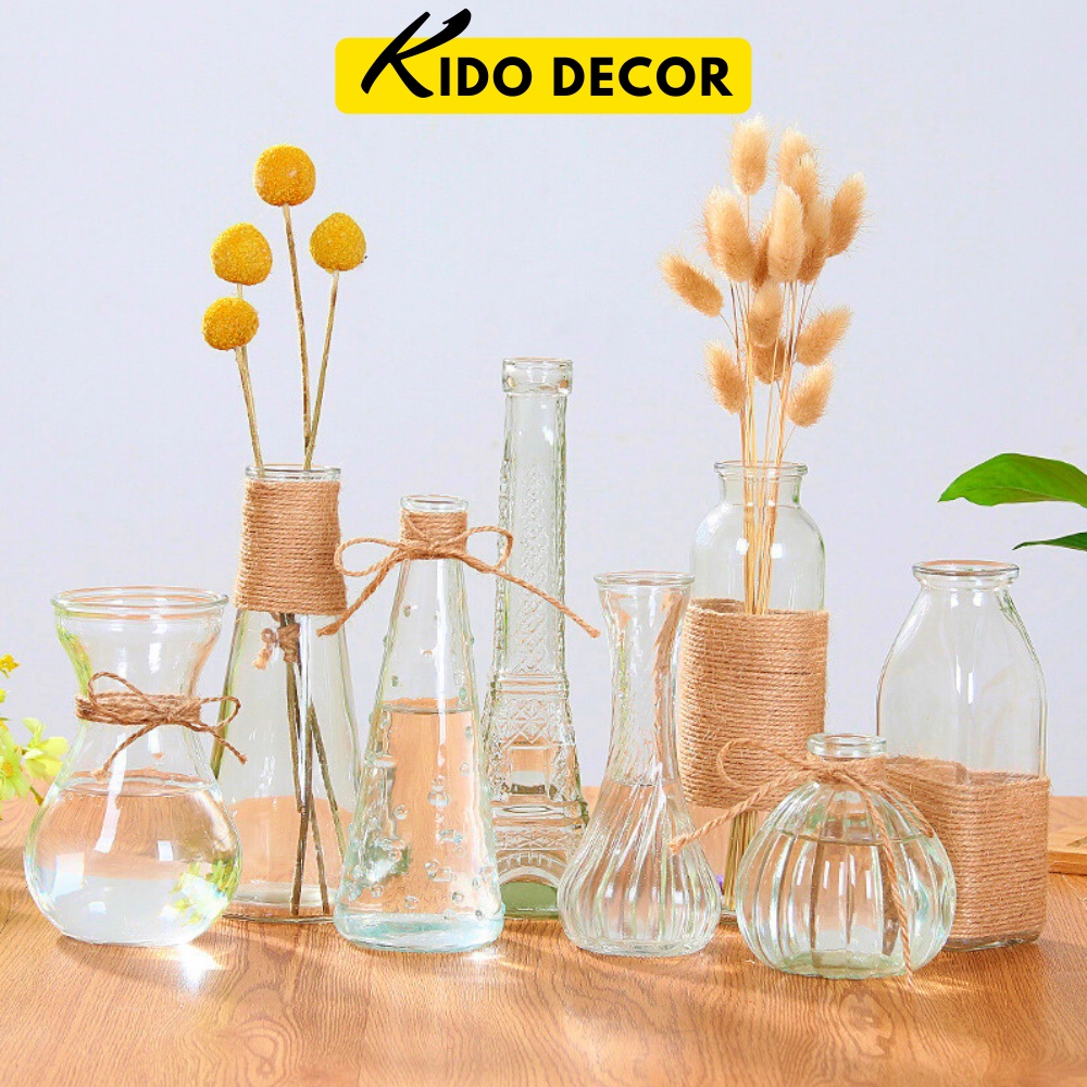 Lọ Hoa Decor Thuỷ Tinh, Bình Hoa Trang Trí Cuốn Dây Thừng KIDO