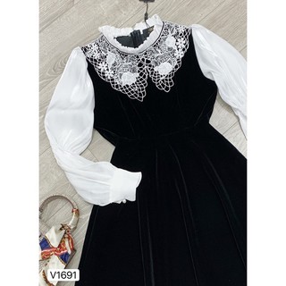 VÁY NHUNG ĐEN CỔ REN MẸ Và BÉ