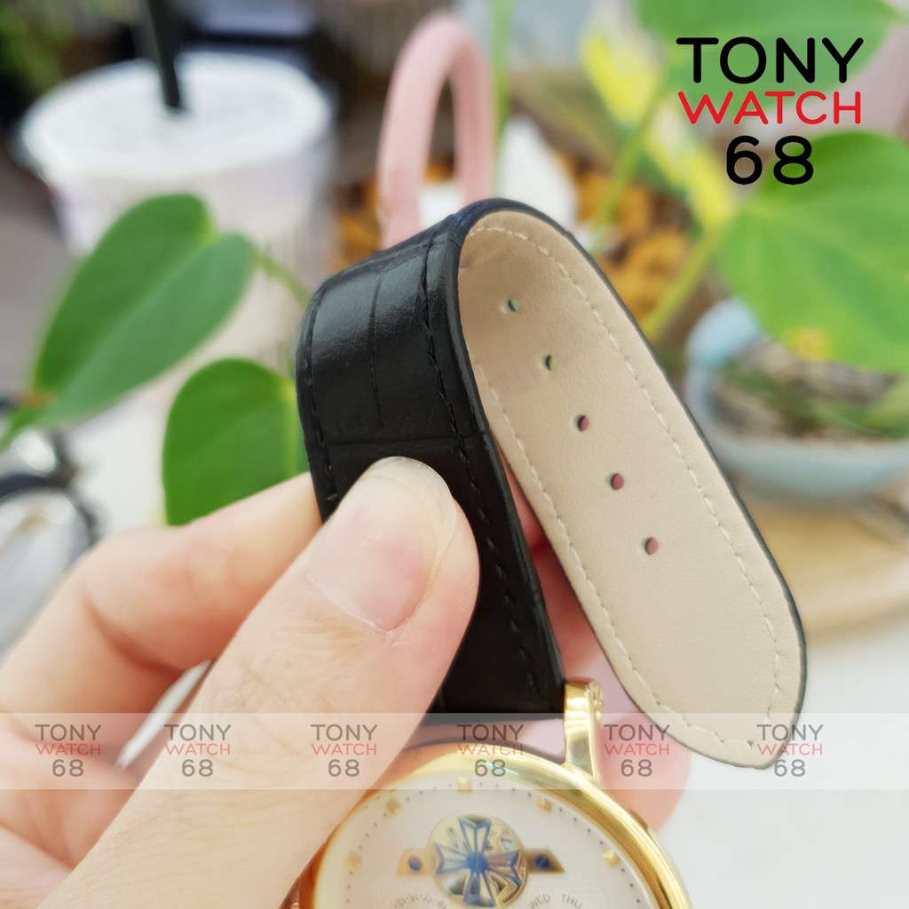 Đồng hồ cặp đôi nam nữ SL dây da viền vàng lộ máy chống nước chính hãng giá rẻ Tony Watch 68