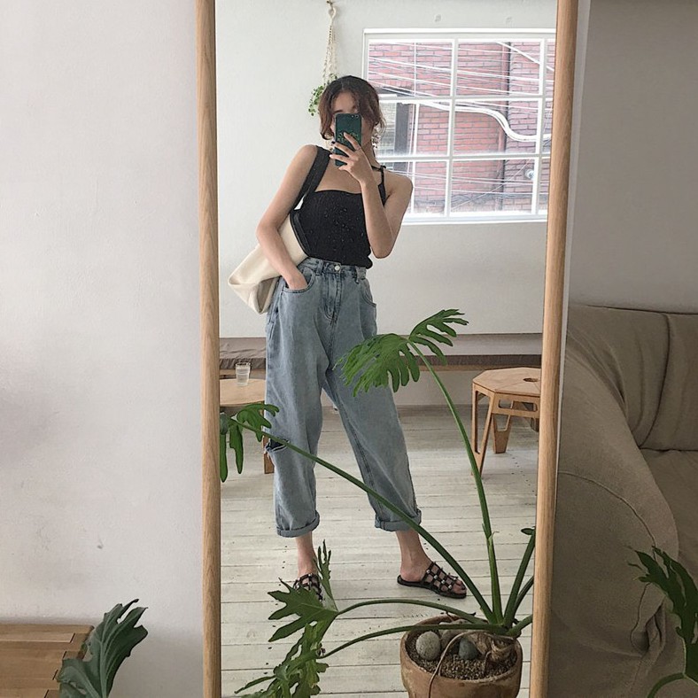 Quần jean nữ denim ống rộng suông lưng cạp cao form rộng chất đẹp Emilyshop ulzzang