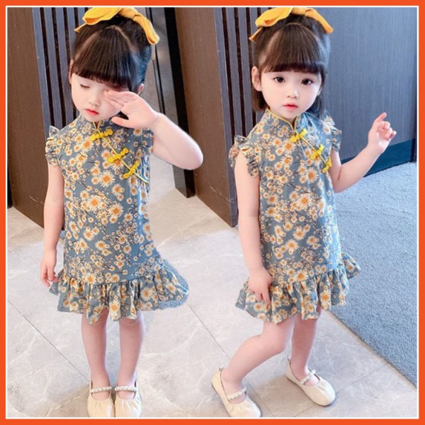 Đầm dáng rộng tay phồng hở lưng in họa tiết hoa phong cách Hàn Quốc cho bé gái 1-6 tuổi