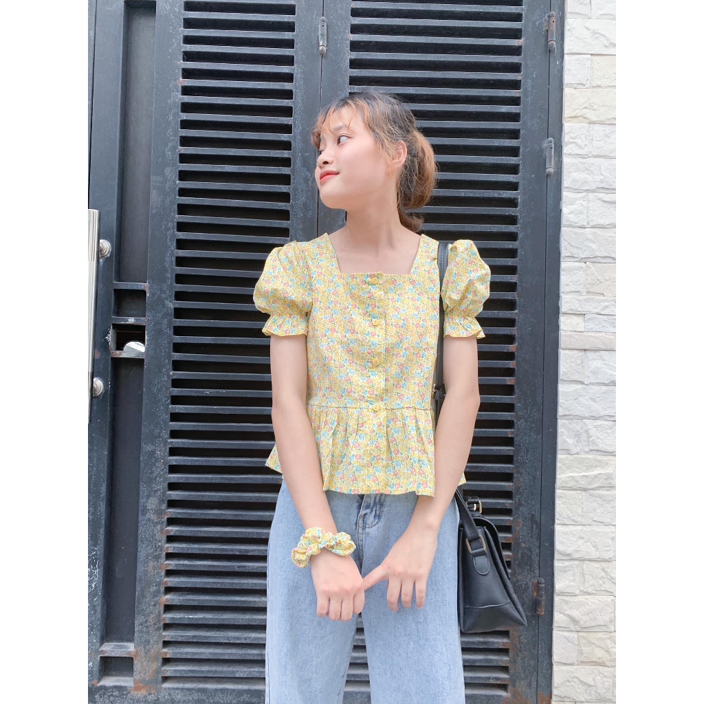 Áo babydoll thô hoa nhiều màu kèm chun buộc tóc