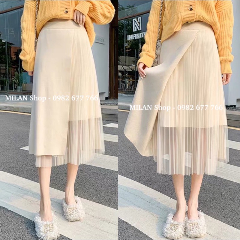 Chân váy len phối ren xếp ly dài qua gối thời trang