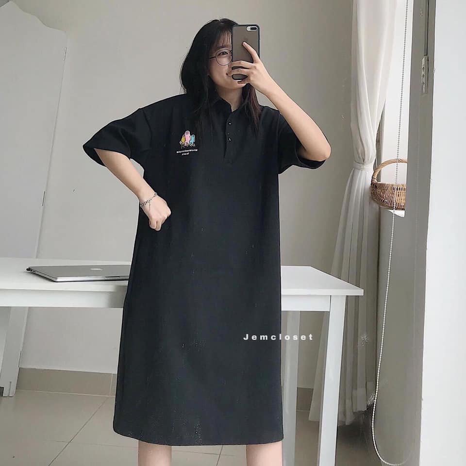 [ RẺ VÔ ĐỊCH] Váy Polo Cúc Đồng Nữ Dáng Dài Ulzzang Đầm nữ dáng rộng màu đen trơn basic tay lỡ cá tính [ Ảnh Thật]