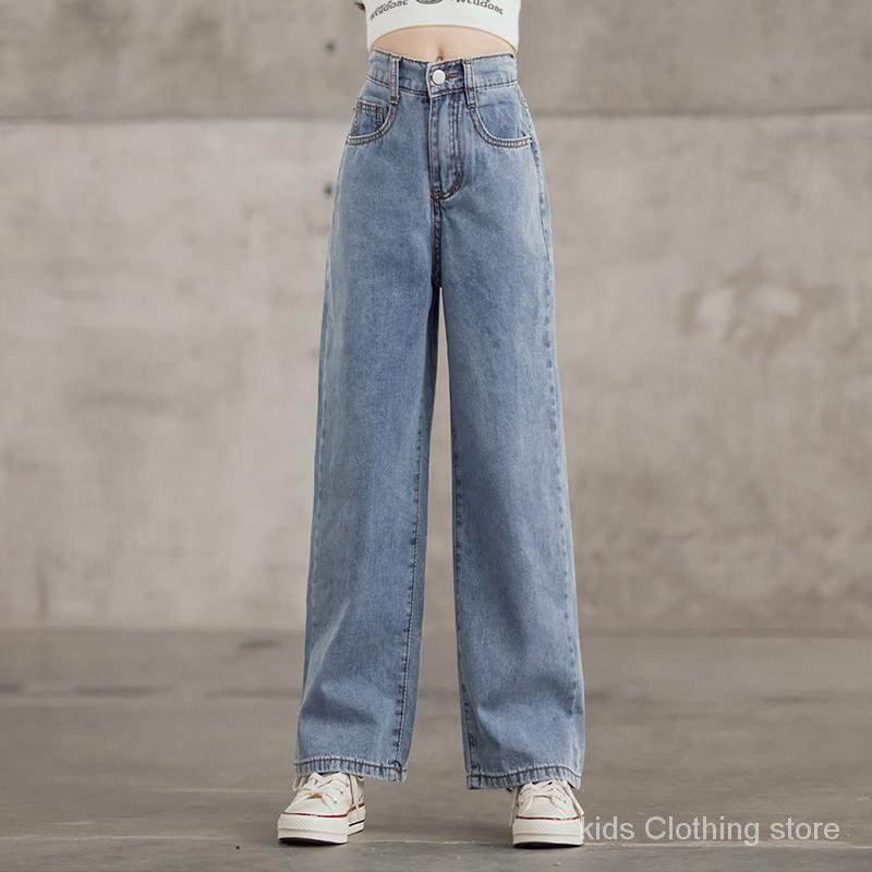 Hàng Có Sẵn Set Áo Thun Tay Dài In Hình Mặt Cười + Quần Jean Ống Rộng Màu Xanh Dương Cho Bé Gái /056