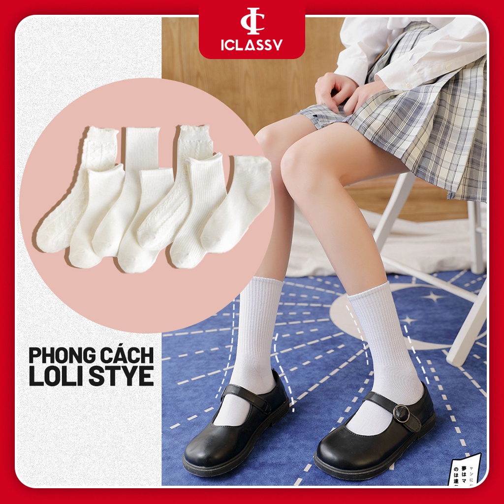 Set Tất Lolita Trắng Dáng Cao Cổ, Vớ Nữ Cao Cổ Tiểu Thư Bèo Nhún Co Giãn Tốt  Ulzzang Vintage Hàn Quốc - Iclassy_shoes