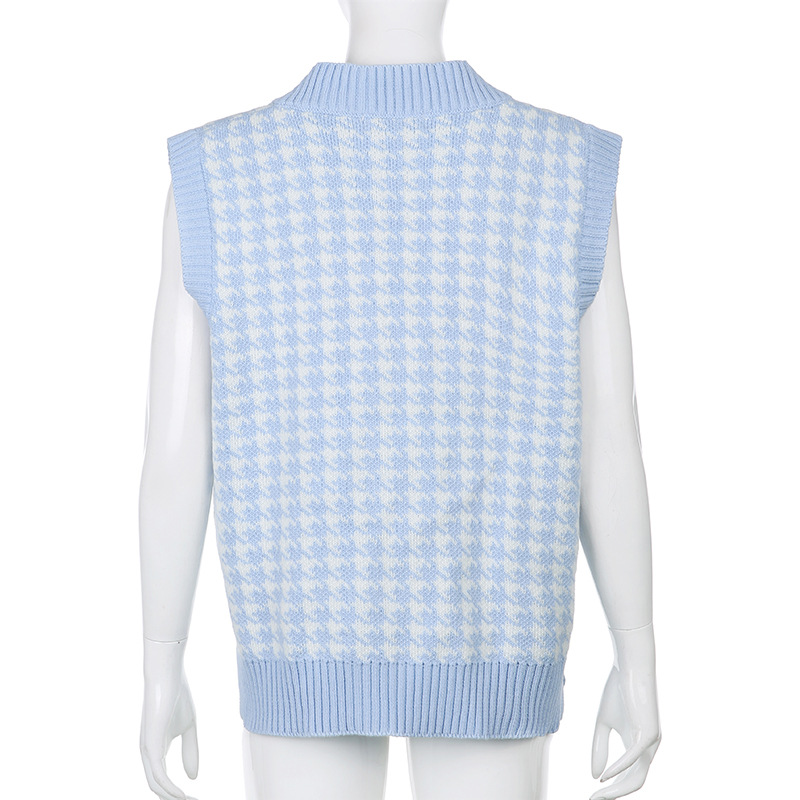 Áo Len Sát Nách Cổ Chữ V Họa Tiết Houndstooth Phong Cách Anh