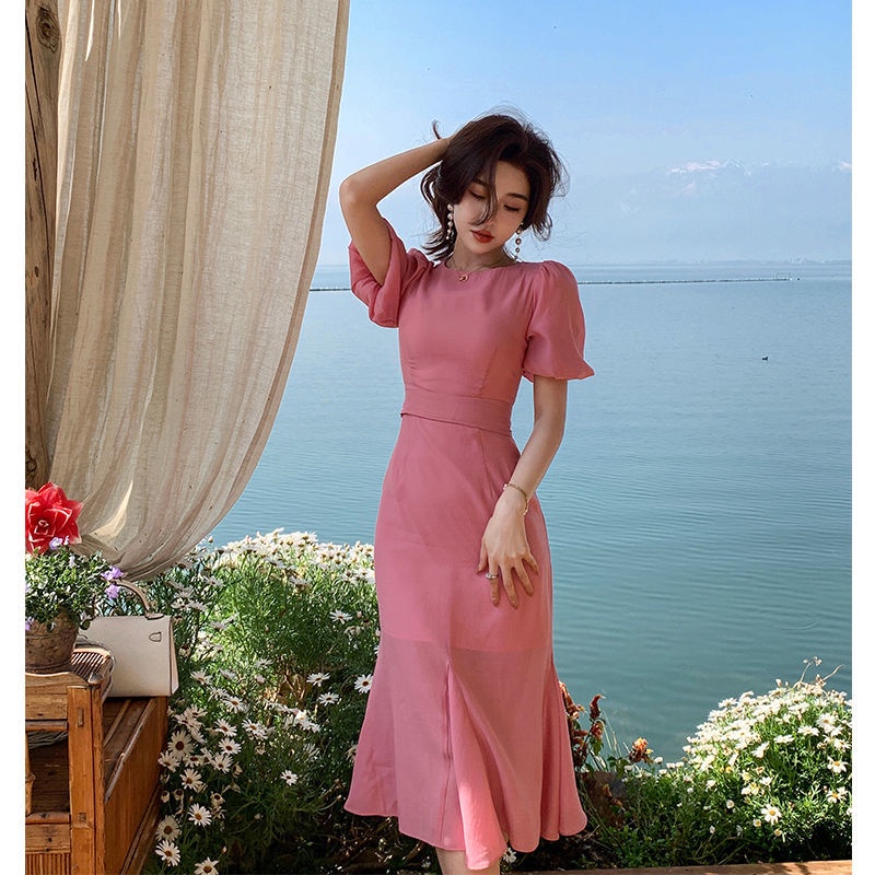 Đầm Đuôi Cá Dáng Ôm Màu Hồng Thời Trang Mùa Hè Dành Cho Nữ