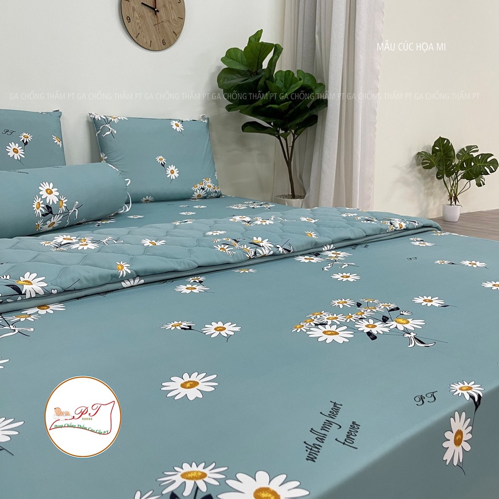 Bộ ga chống thấm cotton cho bé, drap chống thấm nước cao cấp kèm vỏ gối đầu và vỏ gối ôm mềm mịn mát (mẫu cúc họa mi)