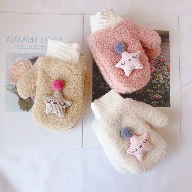 Găng tay len lót lông dành cho bé dầy dặn ấm áp mùa đông bé trai bé gái 4-12 tuổi đính ngôi sao mã T35