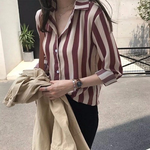 IELGY  Áo Sơ Mi Tay Dài Dáng Ôm Họa Tiết Kẻ Sọc Thời Trang Dành Cho Nữ