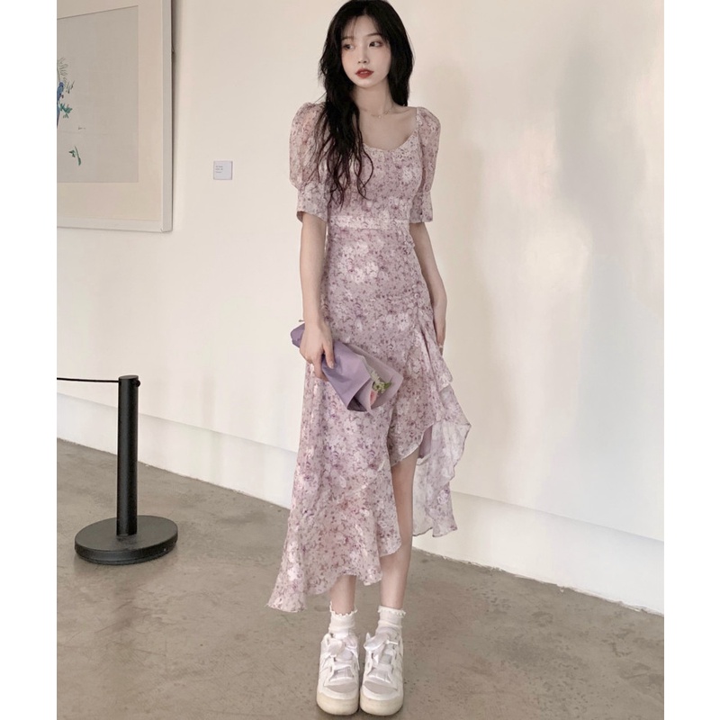 Đầm Maxi Tay Ngắn Hoạ Tiết Hoa Thiết Kế Xẻ Quyến Rũ