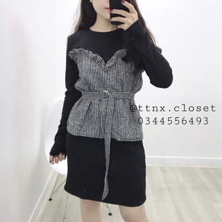 SALE OFF Váy dạ kẻ thắt eo TTNX