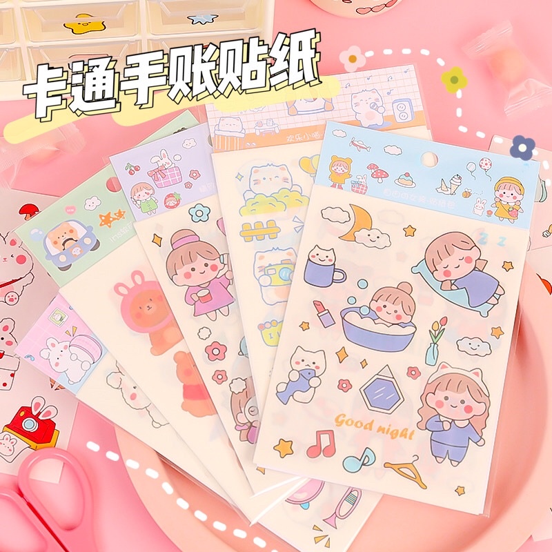 Miếng dán ticker hoạt hình dễ thương sét 4 miếng, hình dán trang trí họa tiết Cute cho sổ lưu niệm
