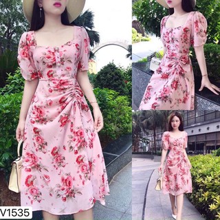Đầm dáng xoè lụa hoa rút dây giá rẻ