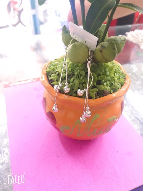 Khuyên tai móc treo sao quả cầu sợi mỳ phối bi bạc thật cao cấp