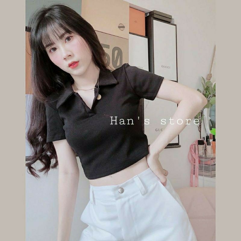 Áo thun croptop cổ bẻ cao cấp tay ngắn