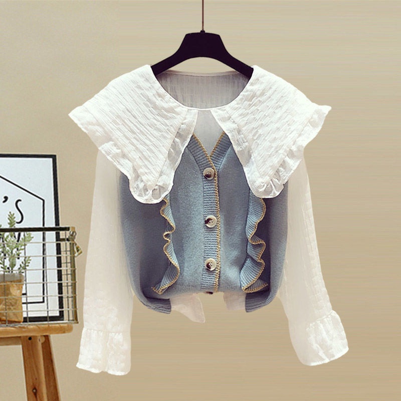 Set áo sơ mi tay dài + áo len không tay + quần jeans lưng cao thời trang cho nữ 200kg