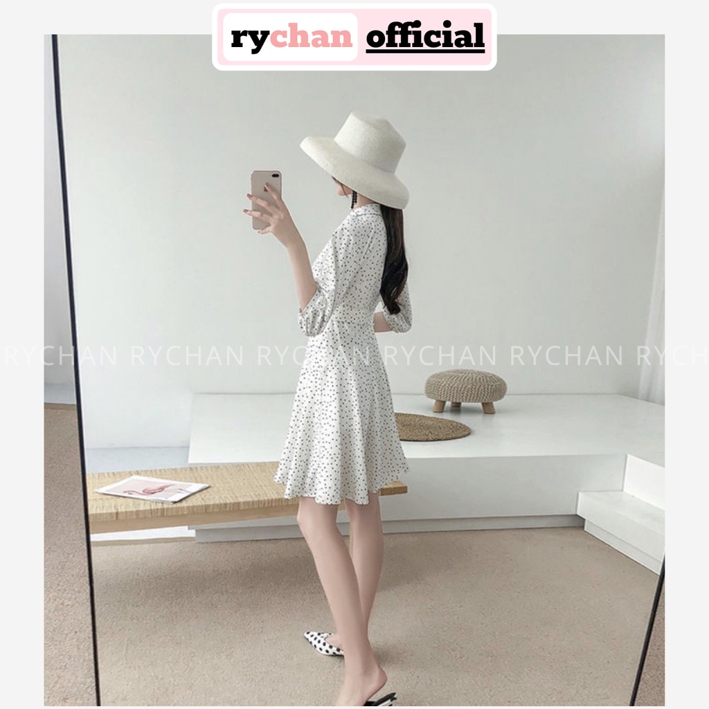 Đầm Xòe Bi Trắng Đắp Chéo Lệch Tà Hai Lớp Lót Trong Dày Dặn Cột Eo Đi Du Lịch Biển - DX734