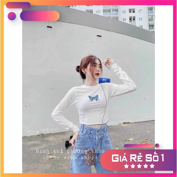 [Rẻ Vô Địch Áo Thun Croptop Body In Bướm Dài Tay Ulzzang