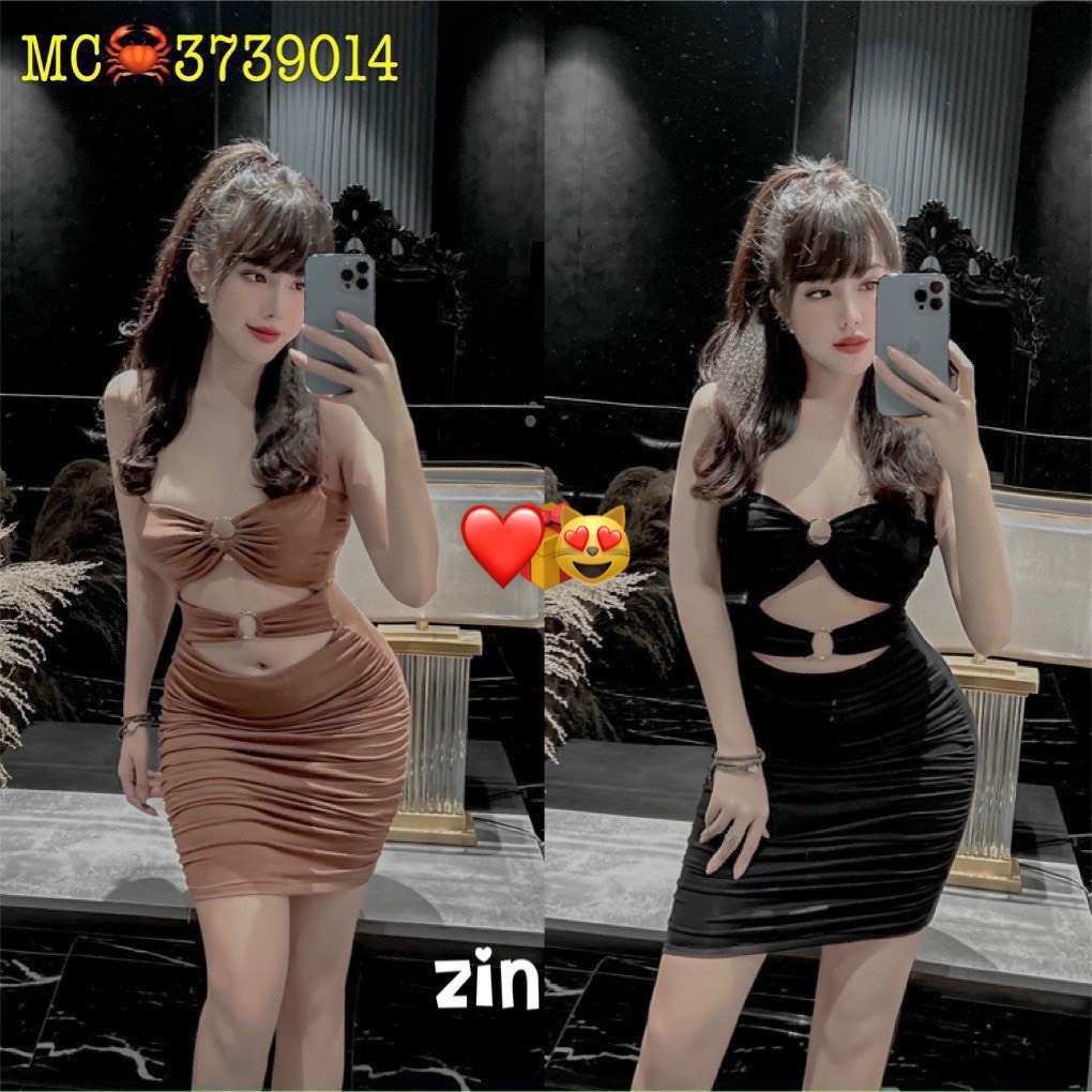 đầm 2 dây body dáng ngắn 2 khoen ngực eo sexy tôn dáng