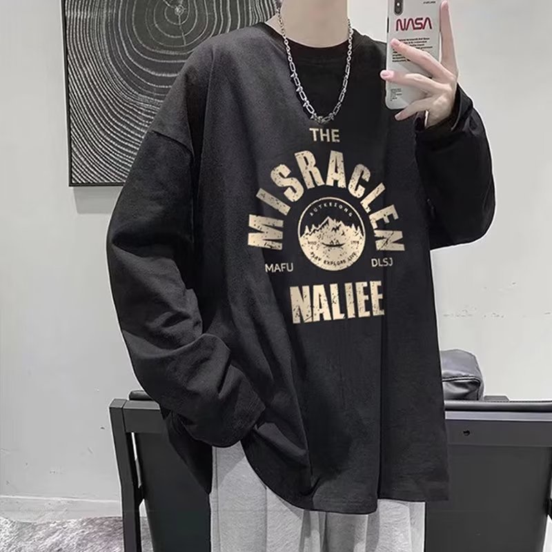 Áo Thun Tay Dài Cổ Tròn Dáng Rộng In Chữ Phong Cách Hip Hop Nhật Bản Thời Trang Cho Nam Giới Size M-5XL
