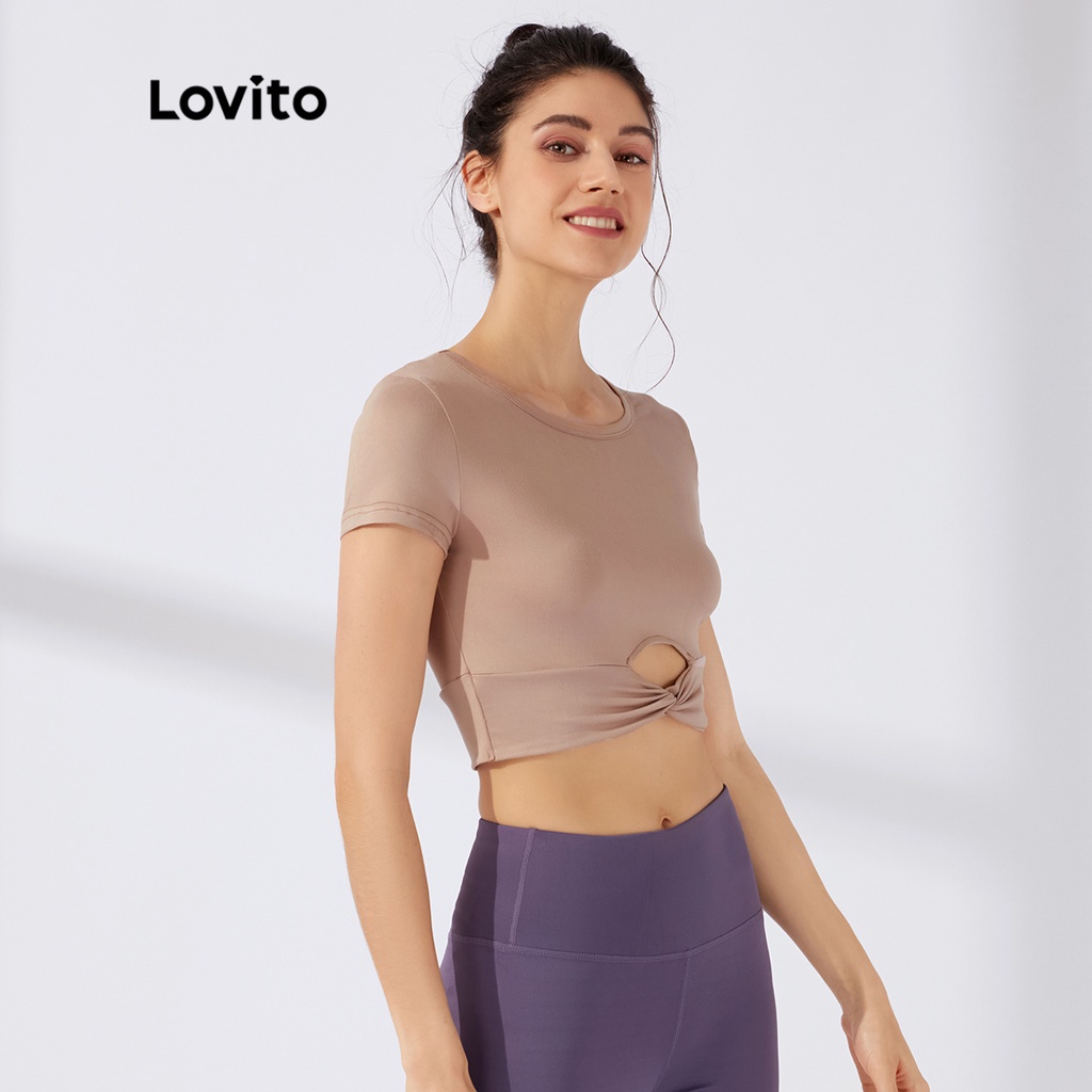 Áo thun thể thao Lovito màu trơn dạng ngắn xoắn vải cắt xẻ L23AD015 (màu hồng)