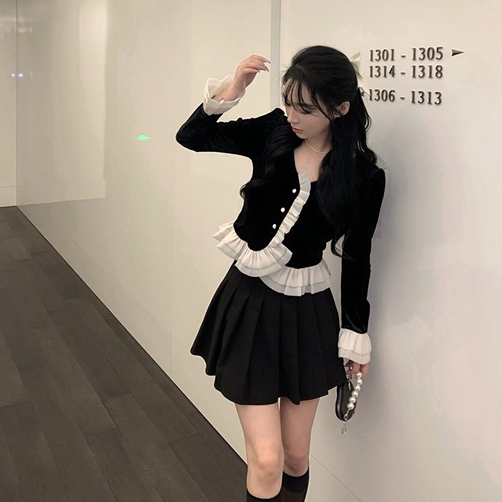 Áo cardigan tay áo cánh hoa / váy lưng cao xếp ly [bán riêng lẻ]