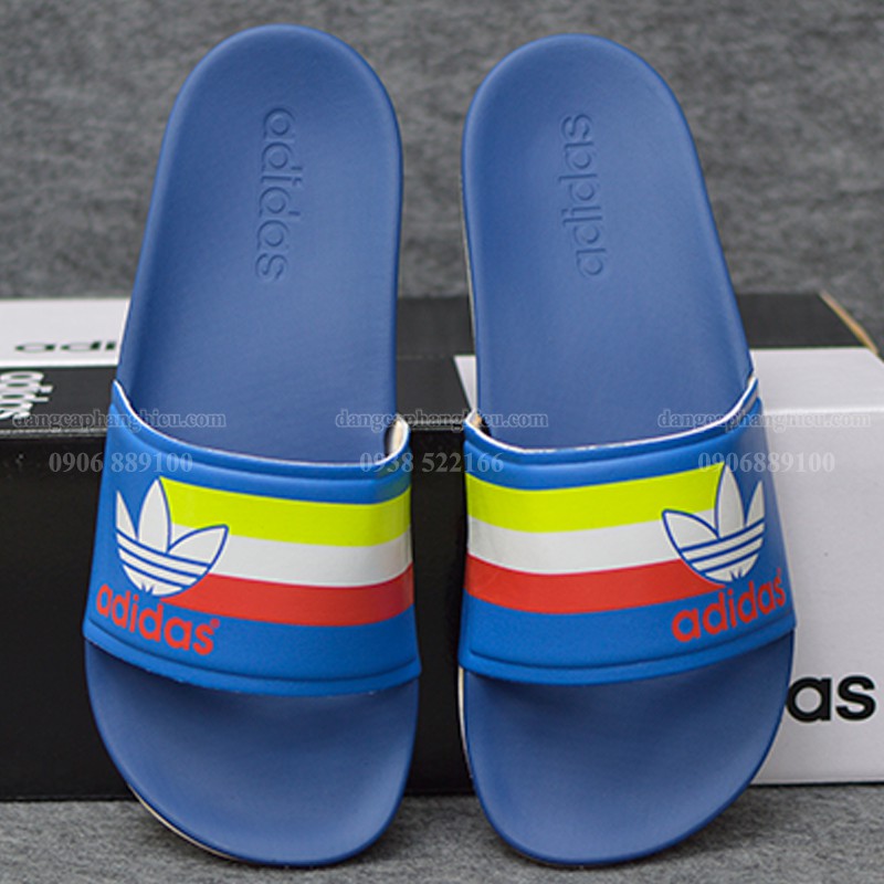 Dép Adidas Cloudfoam Plus Sample màu xanh đế trắng ba lá vàng trắng đỏ