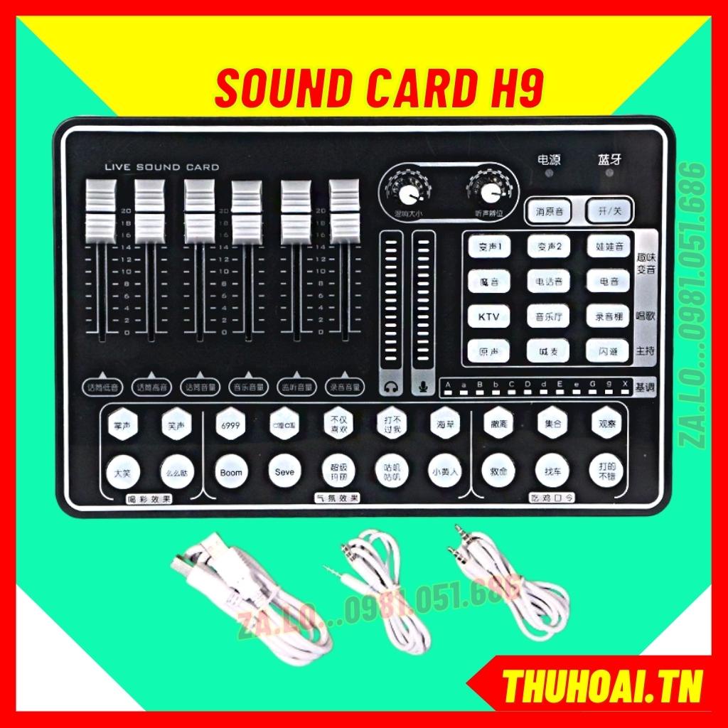 Sound card h9 có bluetooth, auto-tune, pin sạc, tiếng cười vỗ tay – phù hợp với nhiều dòng mic 5v và 48v. Bảo hành 1 năm
