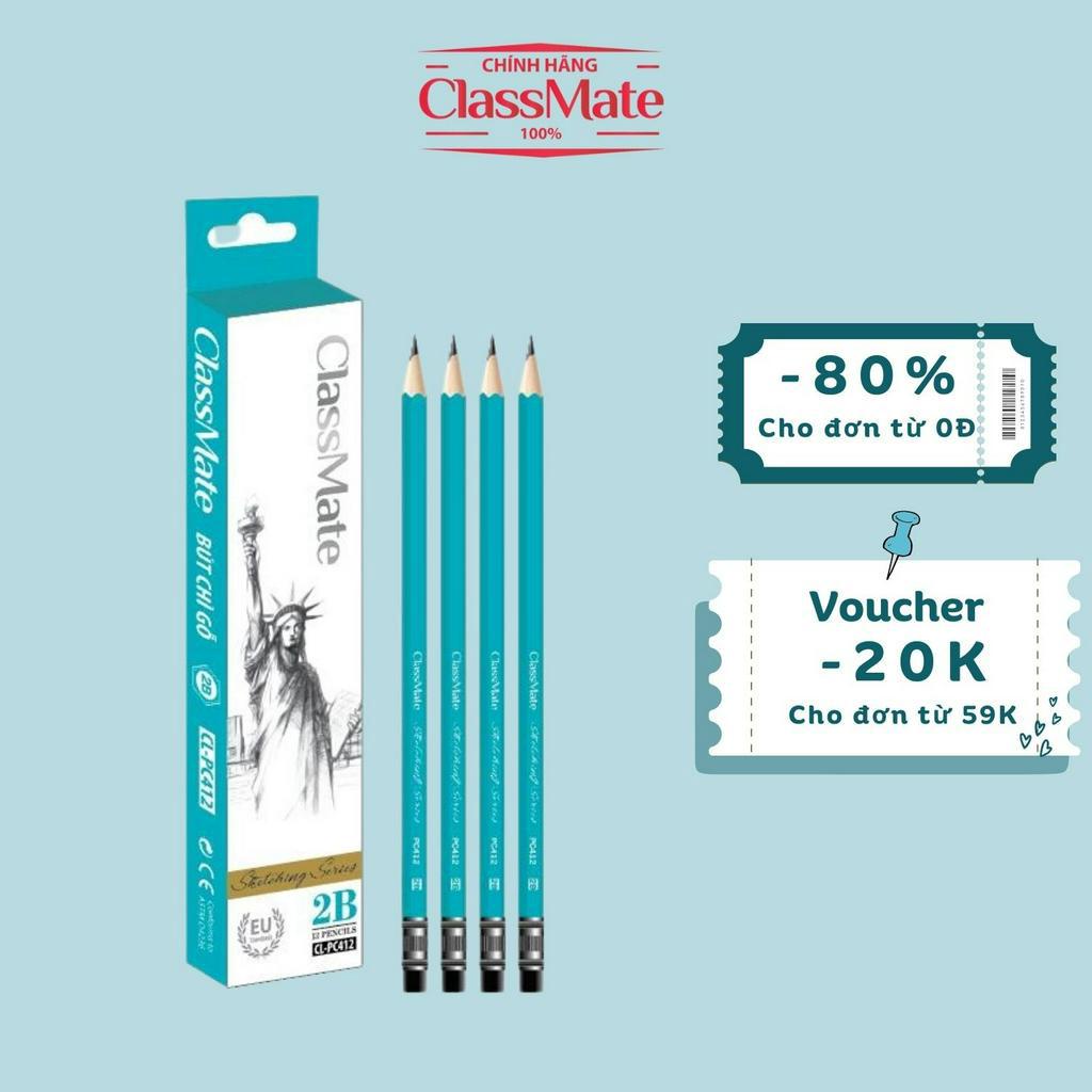 Combo 1 Hộp Bút Chì Gỗ Có Tẩy 2B CLASSMATE Nét Bút Mịn Chì Mềm, Dùng Cho Bé Tập Viết CL-PC412 VIP