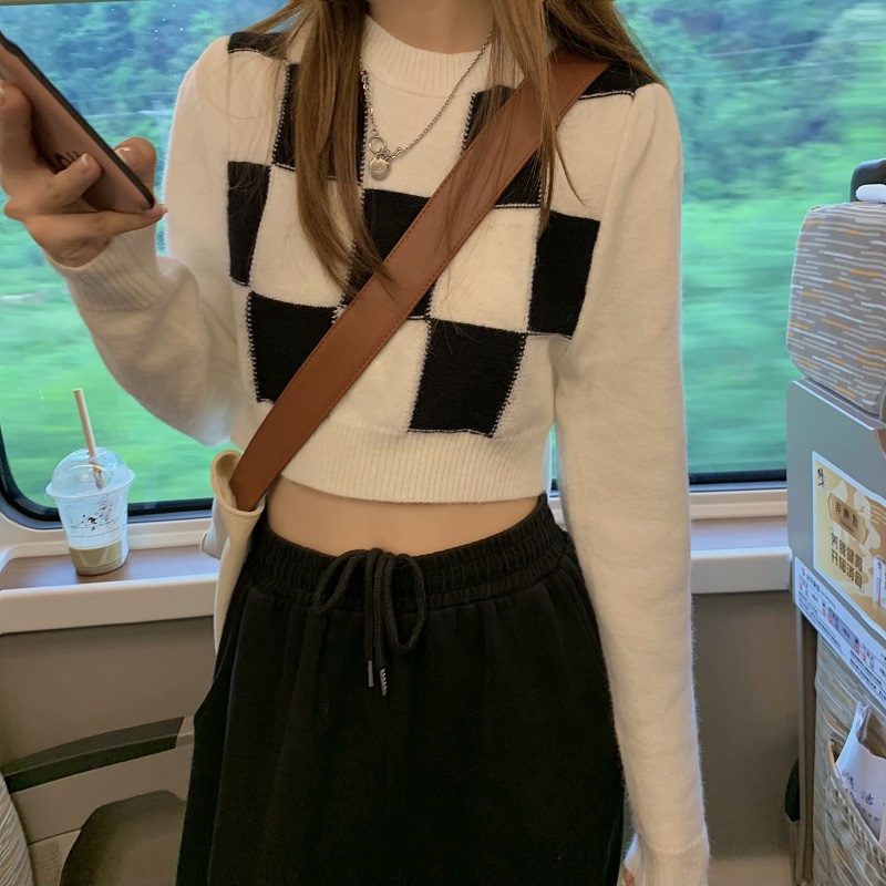 Áo Len Dệt Kim 173063Áo Thun Cổ Tròn Màu Trắng Đen Họa Tiết Sọc Caro Phong Cách Phương Tây