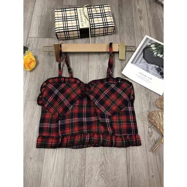 Áo 2 dây hoạ tiết kẻ caro phong cách Retro dễ thương hàng QC