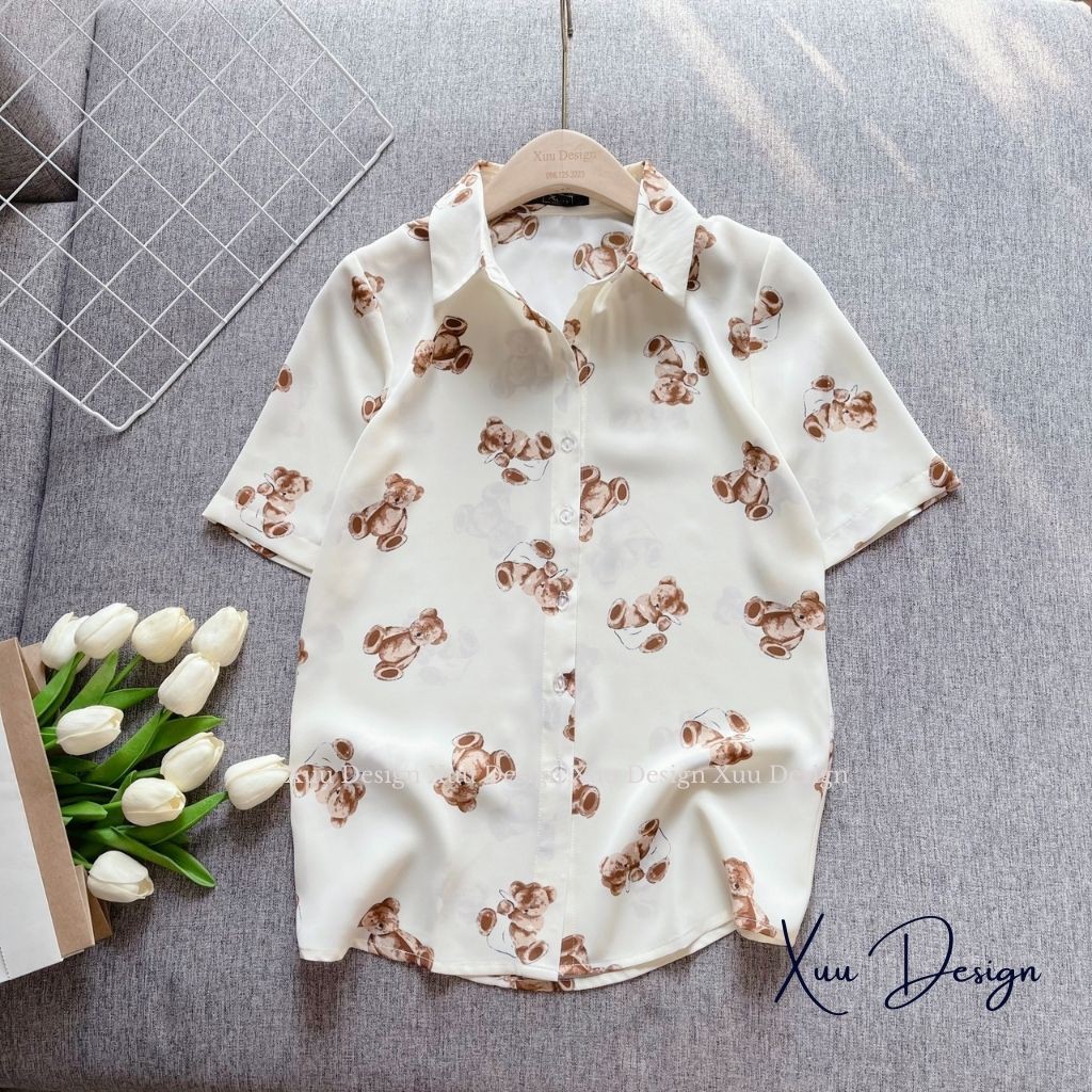 Áo sơ mi nữ cộc tay Xuu Design, Áo sơ mi kiểu họa tiết trẻ trung chất vải lụa Hàn mềm mát SK04