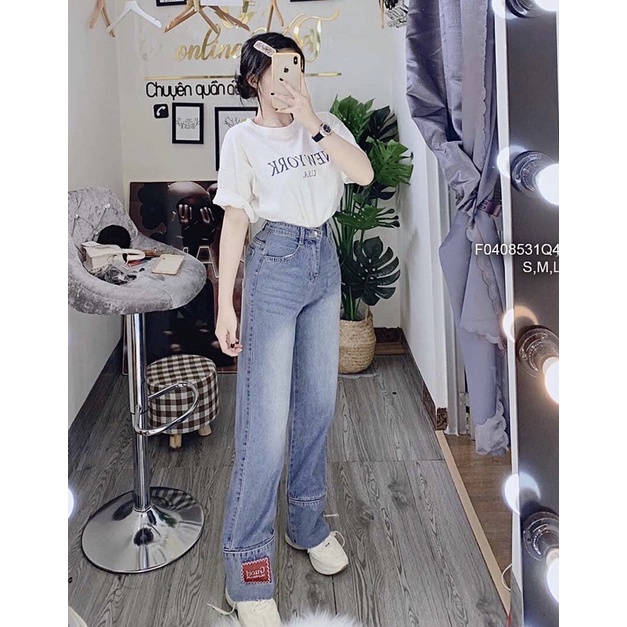 Quần jean dài lai lật cao đính tem và thêu Chữ các kiểu TT0408
