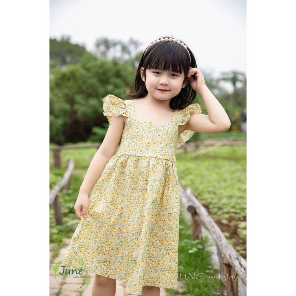 Đầm Cổ Vuông Dây Bèo Cánh Tiên Bé Gái - Size 1 đến 10 tuổi - VNXK