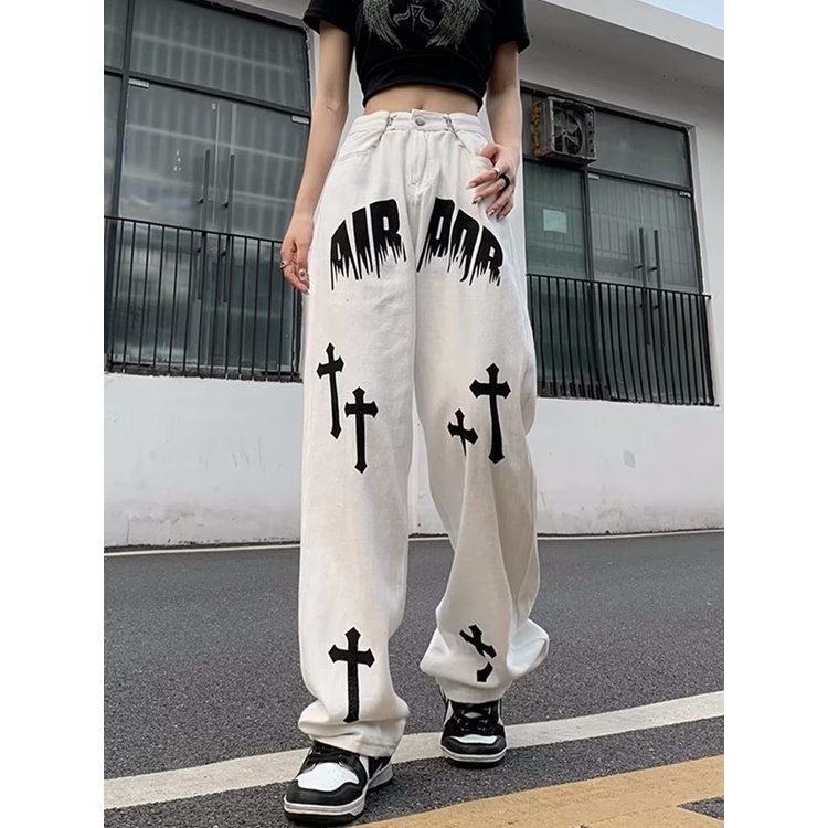 Quần Jean Dài Dáng Rộng Phong Cách Đường Phố Mỹ Thời Trang Cá Tính Cho Nam Và Nữ