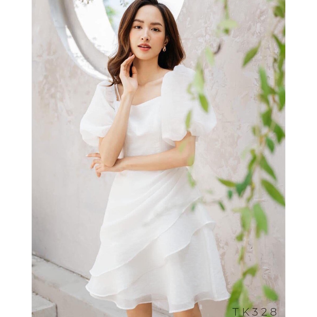 Đầm Nữ TK328 Dáng Xòe Trể Vai Đính Hạt Cườm Sườn Màu Trắng Size S M L Dùng Dự Tiệc Đi Dạo Đi Biển