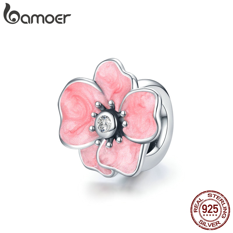 Hạt Xỏ Làm Đồ Trang Sức Bamoer Scc1729 Chất Liệu Kim Loại bạc 925 Hình Hoa Màu Hồng Xinh Xắn