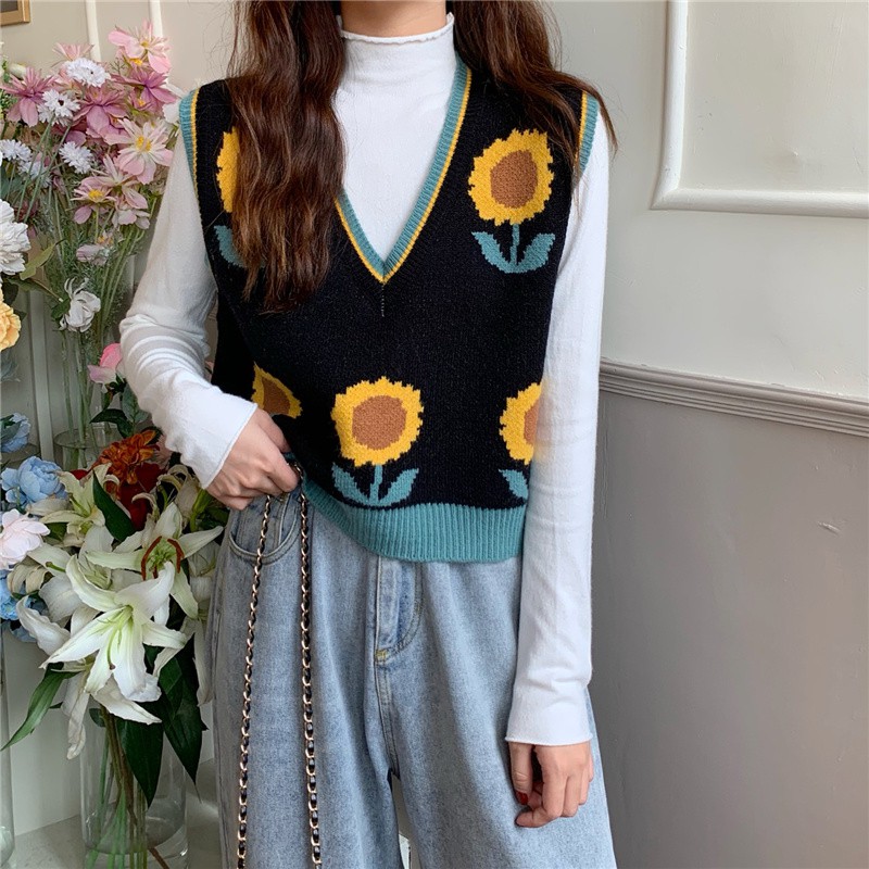 Áo Len Không Tay Cổ Chữ V Họa Tiết Hoa Hướng Dương Phong Cách Vintage Hàn Quốc