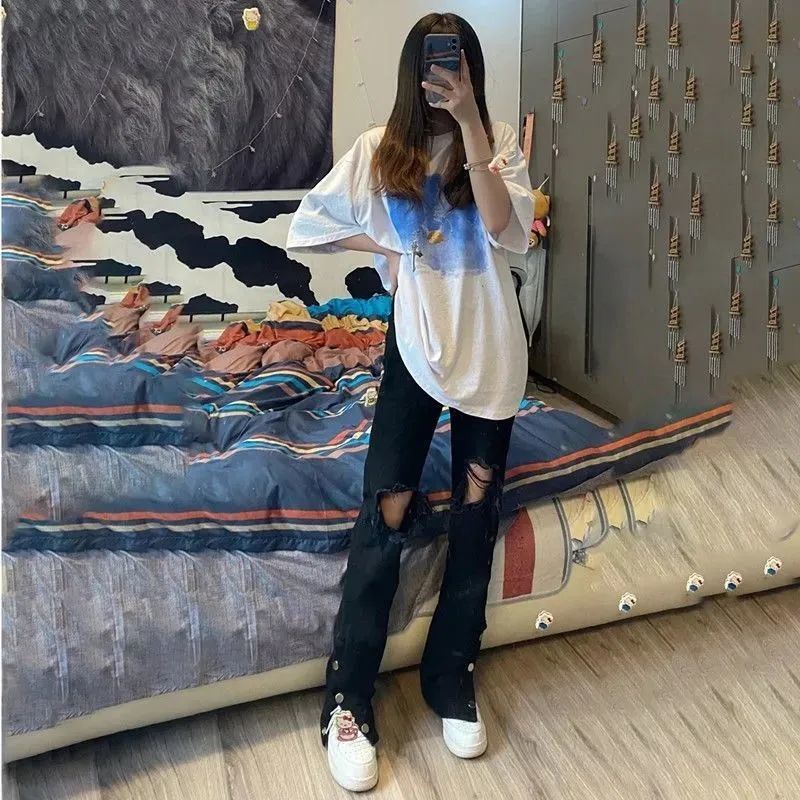 Jiashucheng Quần Jean Rách Dáng Rộng Xẻ Tà Màu Đen Phong Cách Đường Phố Mùa Hè Cho Nữ