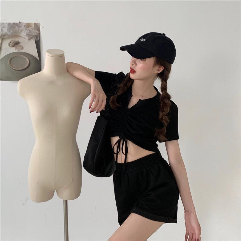 Set Áo Croptop dây rút + short ngắn YAYSHOP chất thun gân năng động (có hình thật trải sàn)