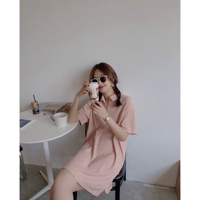 Đầm tiểu thư 🌸 Đầm cổ bẻ dáng suông tay lỡ khoá zip vintage chất tổ ong ba màu xanh hồng đen PHULA | BigBuy360 - bigbuy360.vn