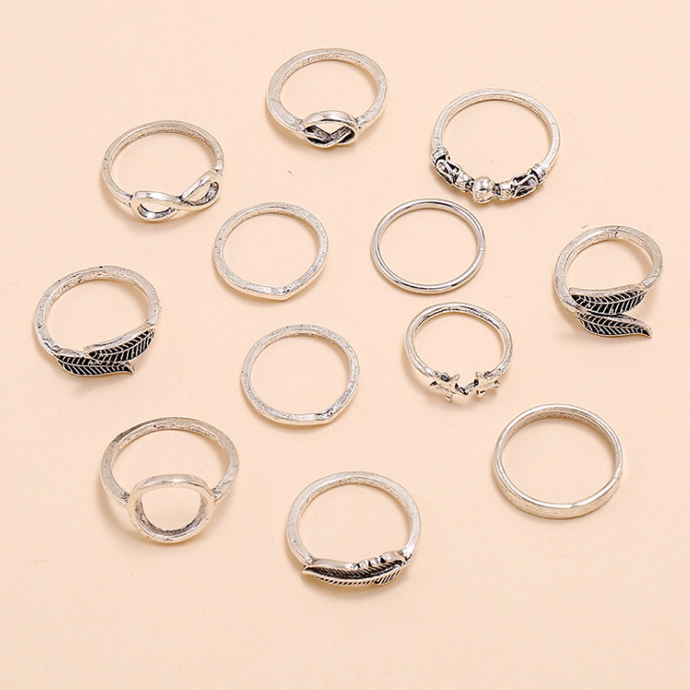 Set 12 nhẫn bạc phong cách Bohemian cổ điển thời trang