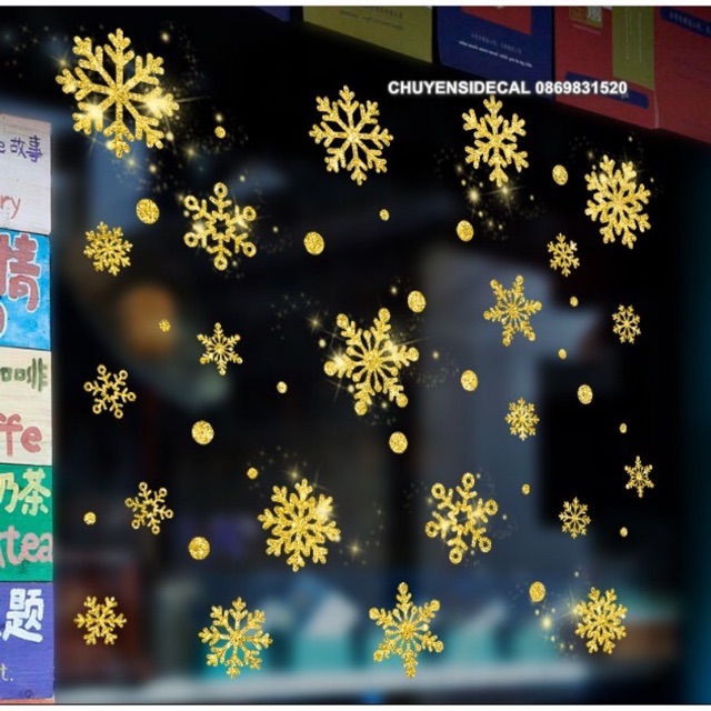 Decal dán tường Noel - Hoa Tuyết nhũ vàng kim tuyến