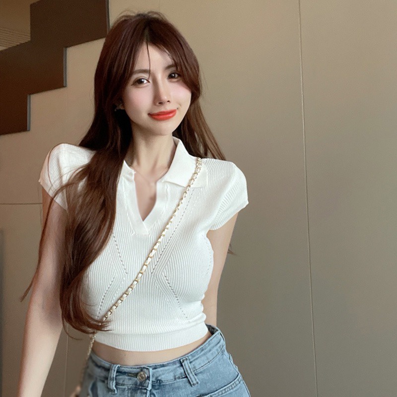 Áo Thun Croptop Dệt Kim Tay Ngắn Màu Sắc Trơn Thoáng Khí Phong Cách Hàn Quốc Cho Nữ