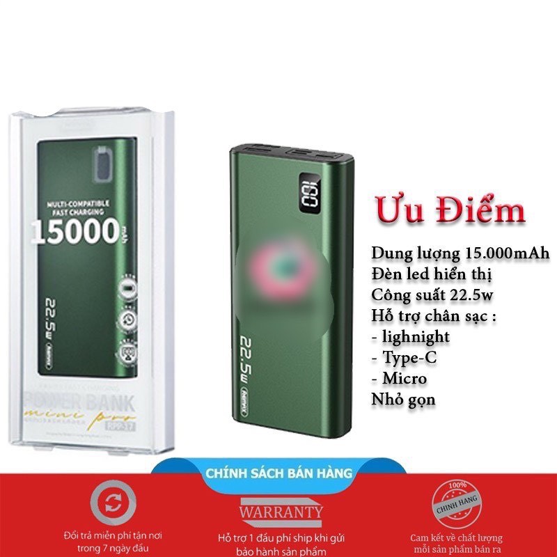 Pin dự phòng remax RPP-17 dung lượng 15.000mAh có đèn led báo pin sạc hỗ trợ 3 cổng vào lightning micro và type-C